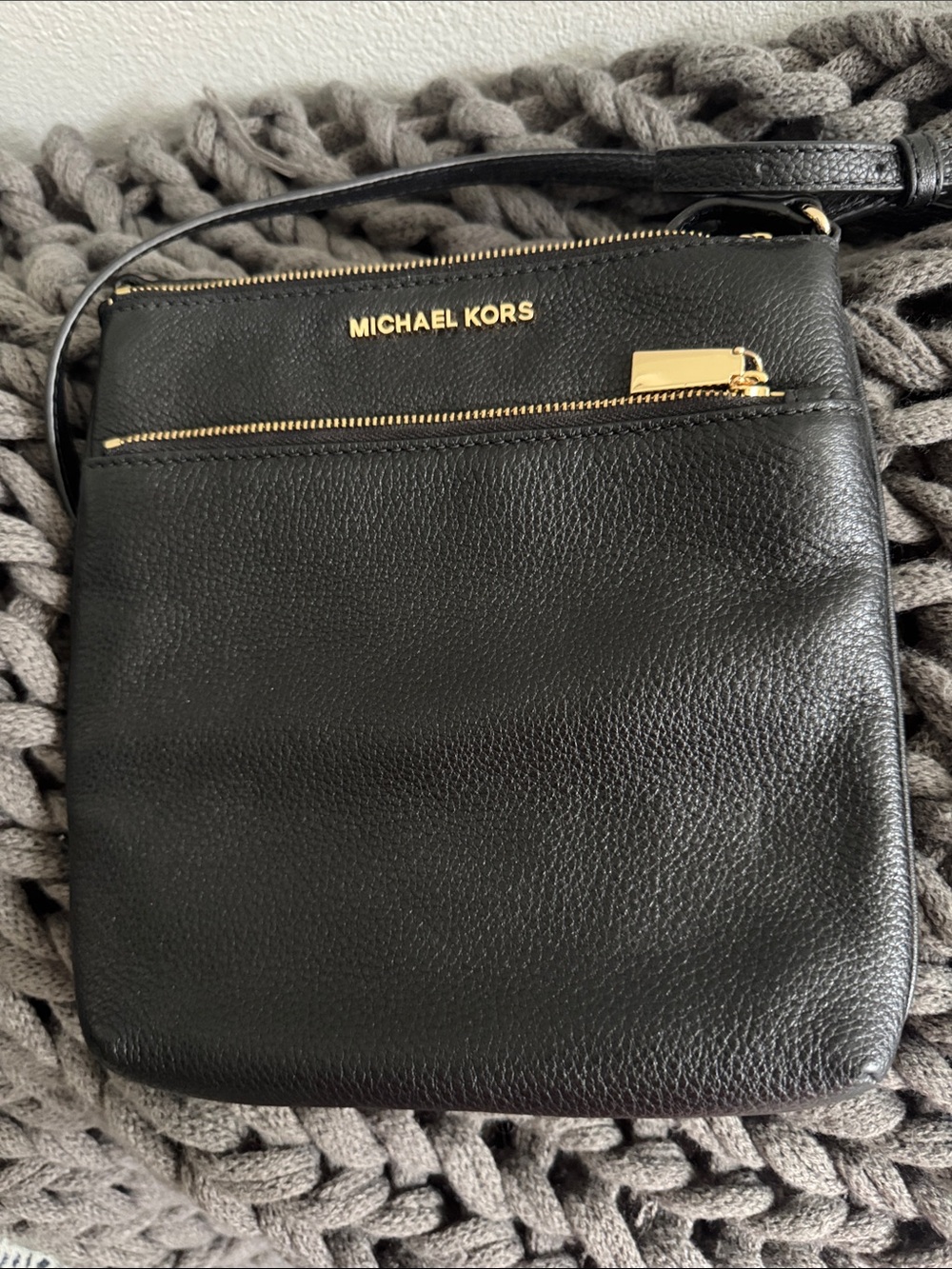 Michael Kors Black Leather Messenger Crossbody with Gold Hardware